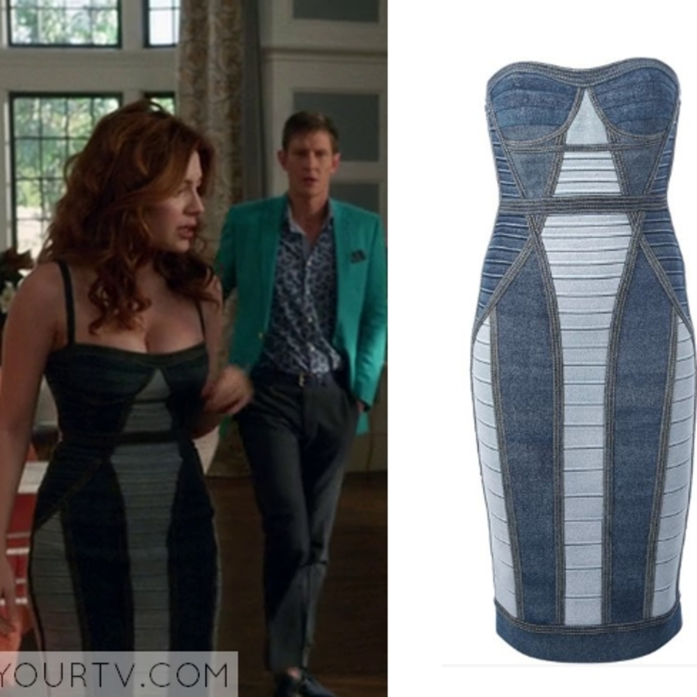 Herve Leger "Gwyn" strapless denim-style bandage dress. 